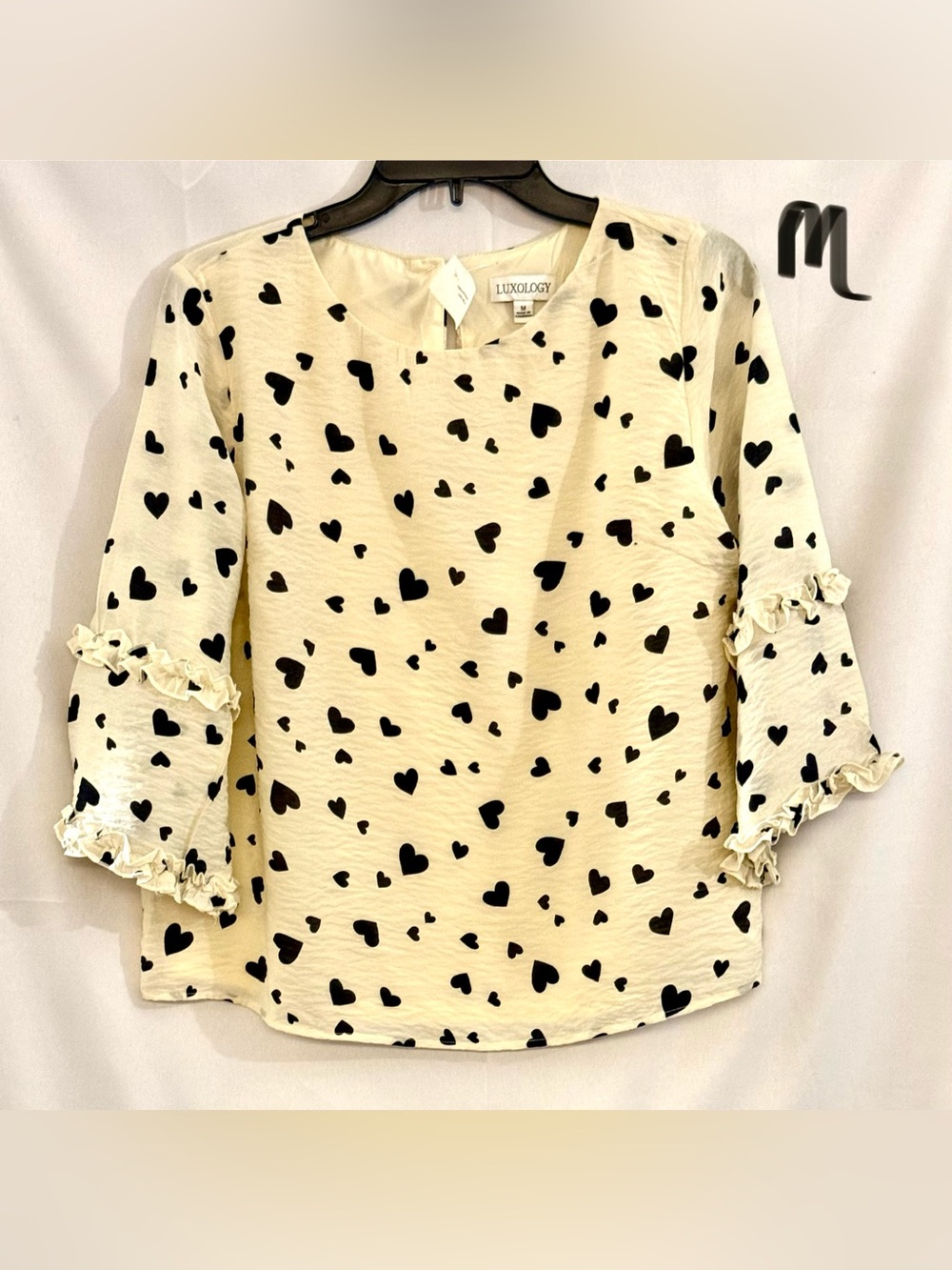 Luxology Cream Blouse with Black Heart Pattern